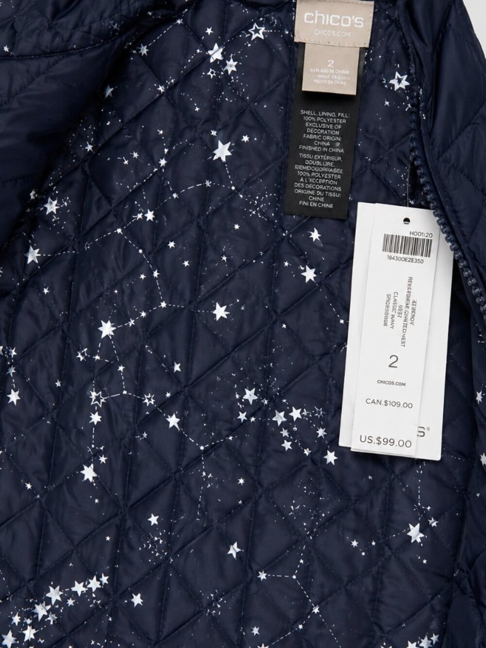 NWT Chico’s Zenergy Reversible Quilted Vest Size 2 12/14 Navy Star Print - Picture 2 of 5